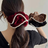 DAIIIBABYYY  - French Vintage Pearl Velvet Scrunchies Hair Tie Large Intestine Hairband Simple Elastic Hair Band Headwear Hair Accessories