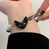 Daiiibabyyy   -  Personality Dark Style Black Cat Punk Pendant Necklace for Women Men Vintage Pearl Beaded Stainless Steel Choker Punk Jewelry