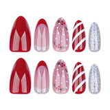 DAIIIBABYYYY  -  24pcs French Red Candy Striped False Nails Christmas Silver Glitter Pink Press on Nails Wearable Short Almond Fake Nail Tips