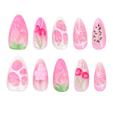 DAIIIBABYYY  -  24pcs Sweet Pink Fruit Style False Nails 3D Cherry Strawberry Design Ins Korean Cute Fake Nail Tips Girl Wearable Press on Nails