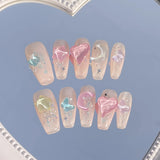 Daiiibabyyy 10Pcs Long Candy Ballet Fake Nails with 3D Moon Love Star Rhinestone Press on Nails Fake Nails Detachable Full Cover Nail Tips