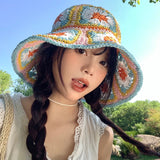 DAIIIBABYY  -  Dopamine Contrasting Color Flower Straw Cap for Women Summer Seaside Vacation Sunscreen Fashion Big Brim Hollow Woven Bucket Hat