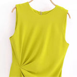 Daiiibabyyy   -  Women's Elegant Mustard Side Gathering Round Neck Back Zip Sleeveless Midi Dress Ruffle Dress Yellow Sleeveless Tank Dress