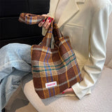 Daiiibabyyy Retro niche bag woven wool plaid single shoulder large capacity plaid canvas bag Korean version new bag aesthetic urban