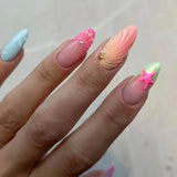 DAIIIBABYYY  -  24pcs Hand-painted False Nails Summer Sea 3D Shell Starfish Fake Nail Tips Ins Gradient Pink Blue Color Almond Press On Nails