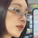 DAIIIBABYYY  -  Women's Punk Retro Silver Anti Blue Light Eyewear Rhinestone Stainless Steel Oval Frame Glasses Girl Reading Seaside Spectacles