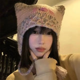 Daiiibabyyy Y2K Style Cute Pink Cat Hat New Furry Handmade Woven Beanie Hat Warm Winter Knitted Pullover Hat