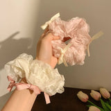 DAIIIBABYYY  -  Summer Fairy Ballet Style Bow Ribbon Scrunchies Cream Pink Hair Tie Ropes Beautiful Large Hair Bands Elegant Ponytail Holder Gum