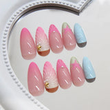 DAIIIBABYYY  -  24pcs Hand-painted False Nails Summer Sea 3D Shell Starfish Fake Nail Tips Ins Gradient Pink Blue Color Almond Press On Nails