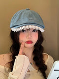 Daiiibabyyy  -  Women Spring Summer Lace Denim Beret Cap Japanese Retro Painter Hat Versatile Big Head Circumference Forward Hat