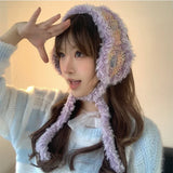 DAIIIBABYY  -  Y2K Gradual Change Color Knitted Earmuffs for Women Autumn and Winter Korean Retro Plush Warm Versatile Cute Strap Beanies