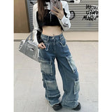 DAIIIBABYYY  -  Blue Women Jeans High Waist Vintage Multiple Pockets Straight Y2K Baggy Denim Pants Street American Style Wide Leg Denim Trouser