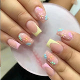 Daiiibabyyy 24Pcs Colorful Flowers Designs False Nails Mid-length Square Press on Nails Cute French Full Cover Nail Tips Removable Fake Nail