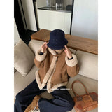 DAIIIBABYYY  -  Winter Women Faux Fur Lesther Jacket Coat Fur Collar Black Baggy Thickening Warm Streetwear Plush Patchwork Lamb Wool Coat Top