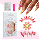 DAIIIBABYYY  -  24pcs Summer Flowers Pattern False Nails Green French Almond Fake Nail Patch Full Cover Wearable Press on Nails for Women Lady