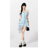 DAIIIBABYYY  -  Summer Women Dress Short Sleeve Neck-mounted Holiday Style Korean Fashion Broken Flowers Irregular Chiffon Short Skirt Dress