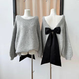 DAIIIBABYYY  -  Oversized Knitted Sweater Women Bow Backless Autumn Winter O Neck Sexy Fashion Pullover Female Sweet Jumper Casual Chic Top