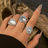 DAIIIBABYYY  -  3Pcs Vintage Metal Carved Pattern Ring Punk Aesthetic Opening Adjustable Wide Edge Ring Women's Fashion Jewelry Gift