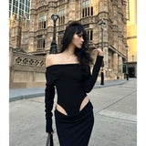 DAIIIBABYYY  -   Summer Womens Black Sexy Dress Strapless Hollow Out Europe and America Fashion Luxury Spicy Girl Female NEW Long Dress