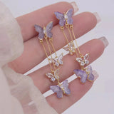 Daiiibabyyy New Fashion Purple Crystal Butterfly Long Tassel Stud Earrings Temperament Sweet and Lovely Jewelry Party Premium Gift Wholesale