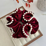 DAIIIBABYYY  - French Vintage Pearl Velvet Scrunchies Hair Tie Large Intestine Hairband Simple Elastic Hair Band Headwear Hair Accessories