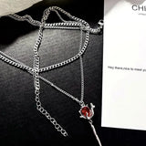 Daiiibabyyy Double Layer Red Zircon Rose Pendant Necklaces Y2K Layered Flower Stone Chain Necklace Irregular Floral Aesthetic Jewelry Gifts