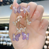 Daiiibabyyy New Fashion Purple Crystal Butterfly Long Tassel Stud Earrings Temperament Sweet and Lovely Jewelry Party Premium Gift Wholesale