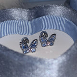 Daiiibabyyy New Fashion Personality Bling Blue Zircon Butterfly Earrings for Women Exquisite Stainless Steel Studs Sweet Cool Party Jewelry