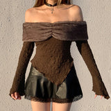 DAIIIBABYYY  - Fur Patchwork One Shoulder Folds Top Y2K Fashion Aesthetic Long Sleeve Irregular Hem T-shirt Vintage Chic Sexy Outfit