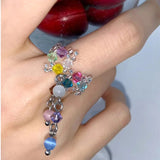 DAIIIBABYYY  -  Y2K Aesthetics Colorful Crystal Beaded Tassel Ring for Women Sweet Cute Girls Charm Elastic Rings Korean Fashion Jewelry Gifts