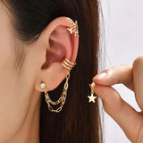 DAIIIBABYYY  -  New Fashion Gold Silver Color Leaves Star Clip Earrings for Women Simple C-Shaped Butterfly Chain Piercing Ear Clip Set Jewelry