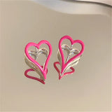 DAIIIBABYYY  -  Fashion Double Heart Stud Earrings For Women Lovely Personality Pink Clip-on Earrings Party Jewelry