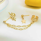 DAIIIBABYYY  -  New Fashion Gold Silver Color Leaves Star Clip Earrings for Women Simple C-Shaped Butterfly Chain Piercing Ear Clip Set Jewelry