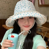 Daiiibabyyy Japanese Sweet Floral Strap Bucket Hats for Women Spring and Summer Travel Sunscreen Casual Versatile Show Face Small Sun Cap