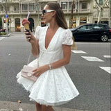 DAIIIBABYYY  -  Summer Women Hollow Out Embroidery Slim White Mini Dress Vintage Puff Sleeve V Neck Low Waist Female Casual Party Dress