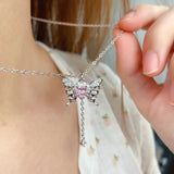 DAIIIBABYYY  -  New Pink Zircon Bow Knot Pendant Necklace Y2K Girls Sweet Heart Necklace Women Fashion Design Simple Clavicle Chain Jewelry Gift