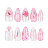 DAIIIBABYYYY  -  24pcs Korean Cute Fake Nails with Sweet Pink 3D Flowers Bowknot Design Almond False Nail Patch Wearable Press on Nails for Girls