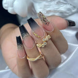 DAIIIBABYYY  -  24Pcs Glitter Powder Wearable Coffin Fake Nail Tips with Rhinestone Black Gradation Long Ballerina Press on Nails Art Manicure