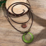 DAIIIBABYYY  -  Vintage Round Chip Wooden Pendant Necklace Boho Leather Wax Line Multi Metal Ring Necklace Women's Summer Beach Jewelry