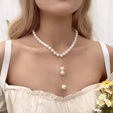 DAIIIBABYYY  -  Baroque Simulated Pearls Long Tassel Pendant Necklace For Women Beaded Link Chain Necklace  Trend Lariat Wedding Jewelry