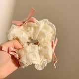 DAIIIBABYYY  -  Summer Fairy Ballet Style Bow Ribbon Scrunchies Cream Pink Hair Tie Ropes Beautiful Large Hair Bands Elegant Ponytail Holder Gum