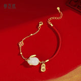 Daiiibabyyy 925 Stamp Gold Color Rabbit Bracelet For Women Girl Hotan Jade Lucky Asymmetry Jewelry New Year Gift Dropshipping