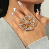 Daiiibabyyy 1PC Luxury Big Flower Zircon Rings Women Indian Jewelry Classic Hollow Gold Color Adjustable Ring Female Girls Gifts