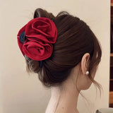 Daiiibabyyy Elegant Vintage Satin Colour Rose Flower Hair Claw  Ponytail Holder Hair Clip Hairpin Women Girl Barrettes Hair Accessories