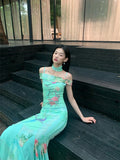 DAIIIBABYYY  -   Green Floral Bodycon Long Mermaid Dress For Women Elegant Party Summer Slash Tunics Mesh Midi Dress 2024 Clothes