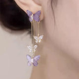 Daiiibabyyy New Fashion Purple Crystal Butterfly Long Tassel Stud Earrings Temperament Sweet and Lovely Jewelry Party Premium Gift Wholesale