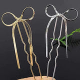 DAIIIBABYYY  -  Korean Hair Accessories Metal Bow U Shape Hair Pins For Women Girls Silver Gold Color Hairwear Simple Fashion Hair Sticks Gifts