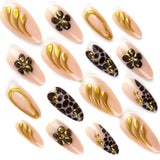 DAIIIBABYYY  -  2024 Brown Leopard print False Nails Retro Gold Flower Design Fake Nail Patch Full Cover Detachable French Almond Press on Nails