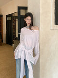 DAIIIBABYYY  -  Off The Shoulder White Long Sleeve Tees Bandage Oversized T Shirt Women Rayon Casual Tops Autumn Fall Clothes 2024