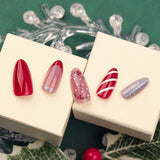 DAIIIBABYYYY  -  24pcs French Red Candy Striped False Nails Christmas Silver Glitter Pink Press on Nails Wearable Short Almond Fake Nail Tips